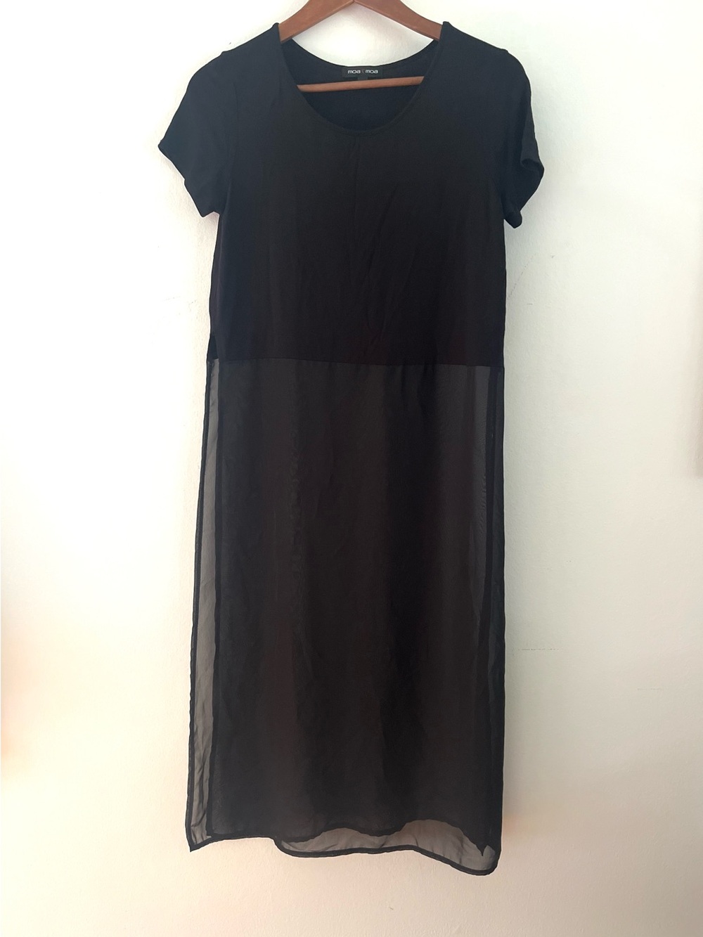 Moa Moa Top Black Short-Sleeve Sheer Panel Midi Length Womens Size M